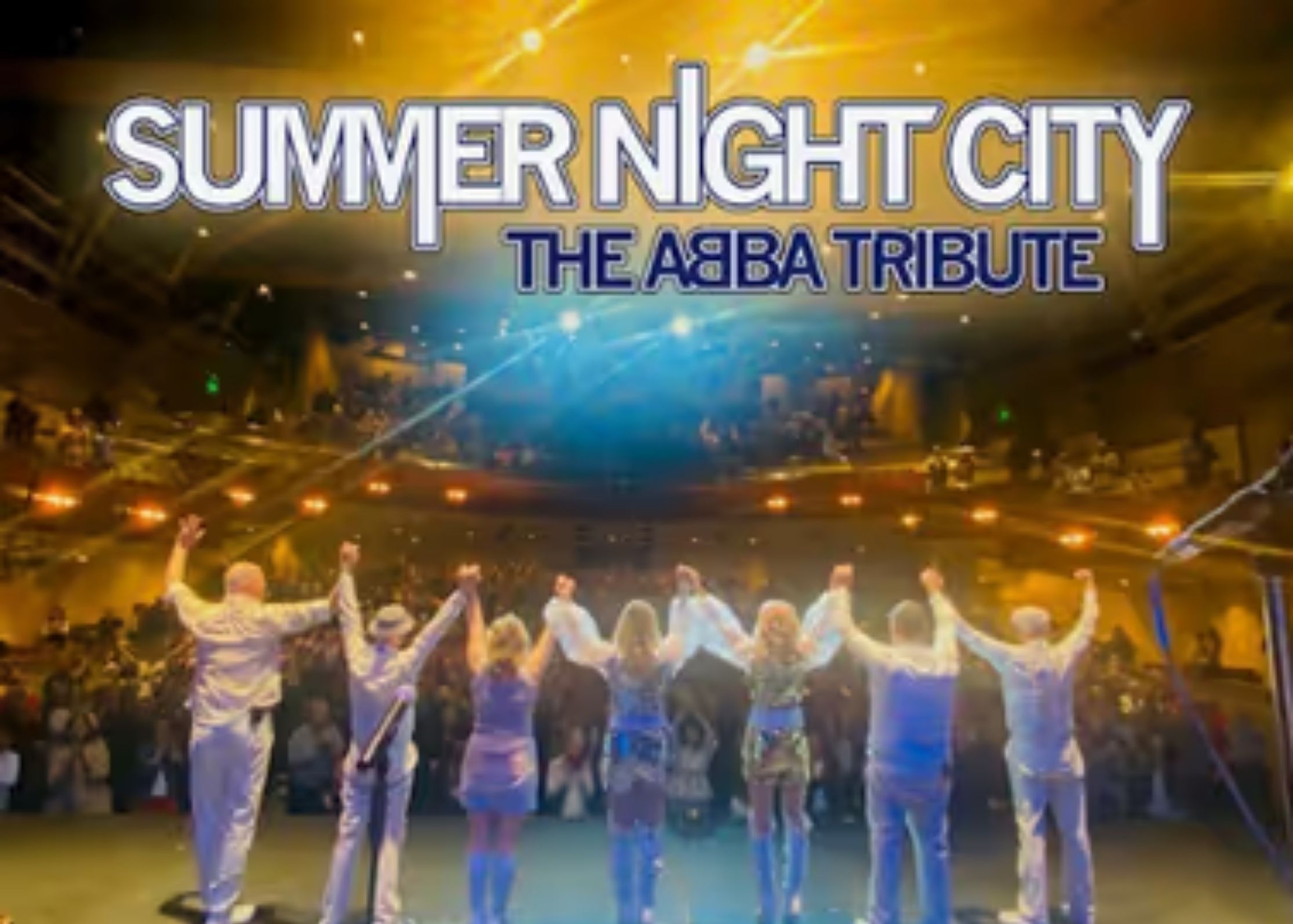 ABBA Tribute Band standing on stage holding hands, preparing to take a bow